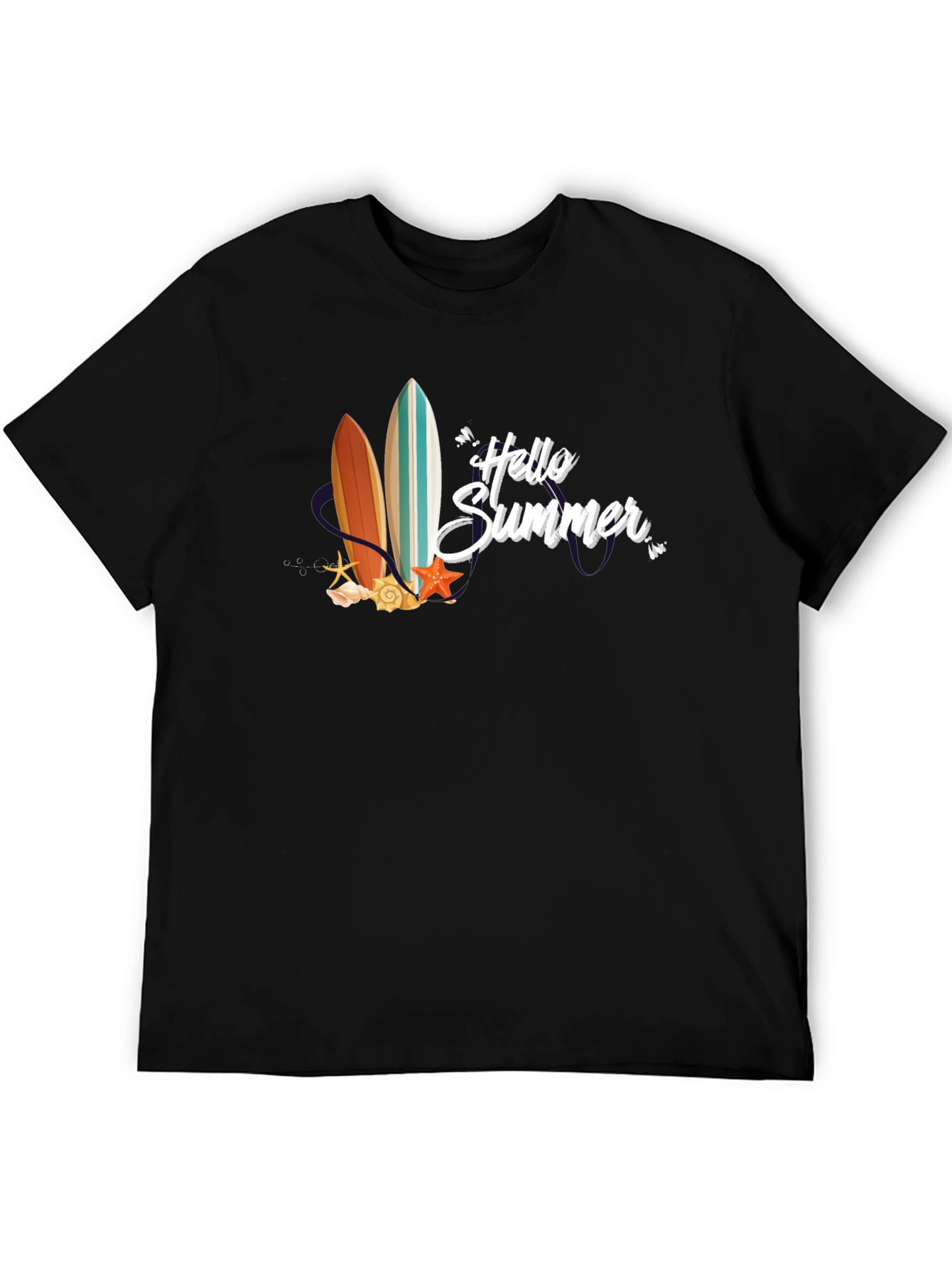 Black Hello Summer Surfboard Graphic T-Shirt view 5