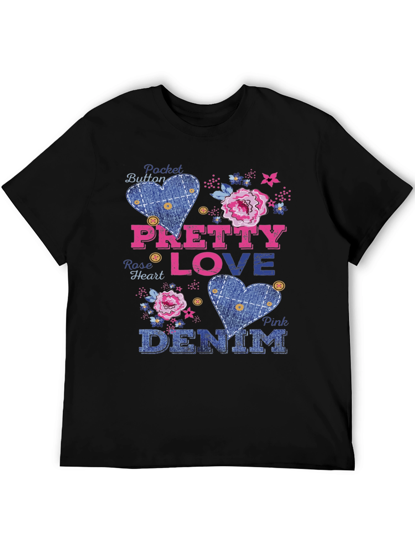 Black Pretty Love Denim Graphic Tee - Pocket Button Design view 5