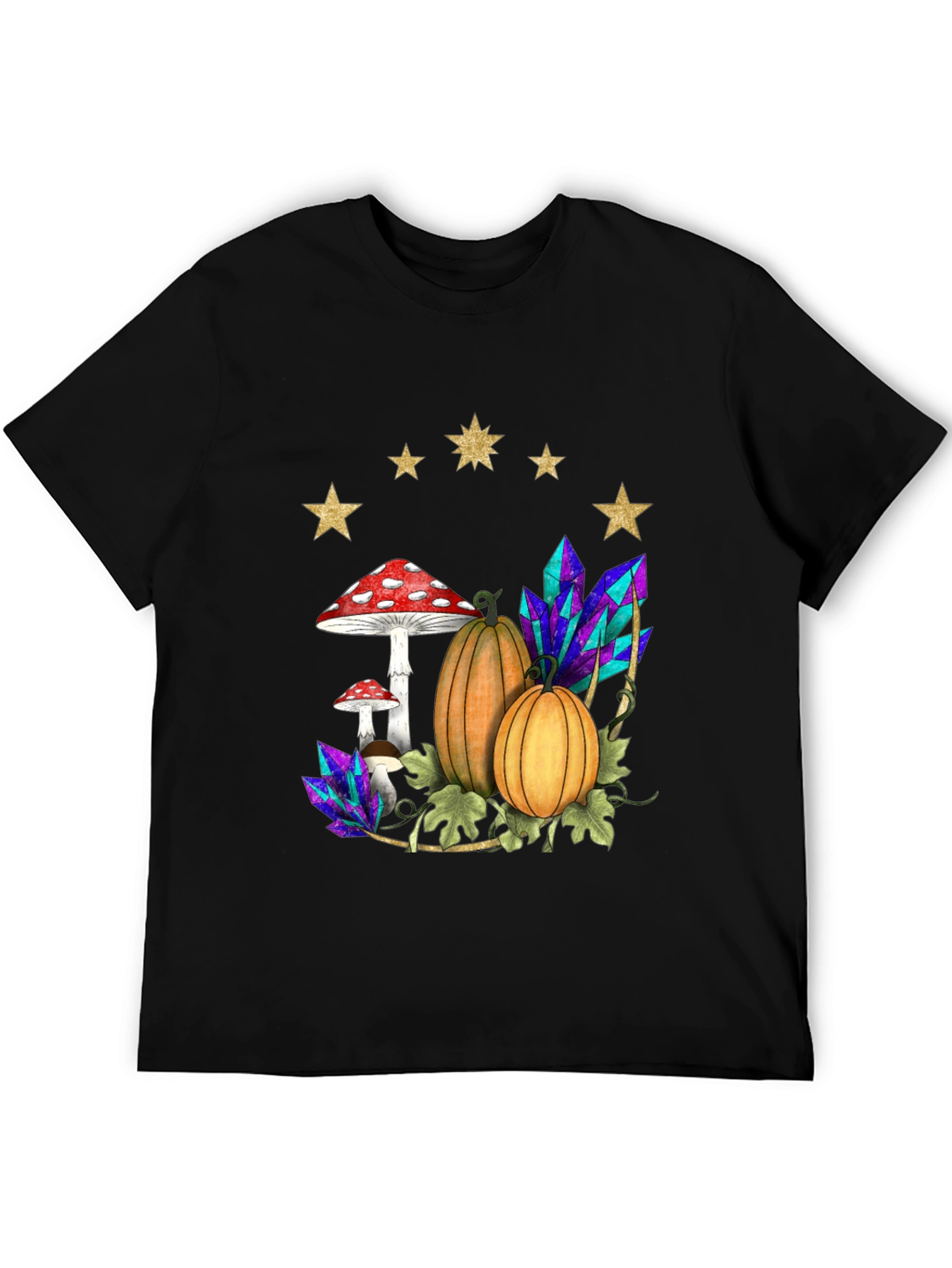 Black Whimsical Harvest T-Shirt: Pumpkins, Mushrooms & Crystals view 5