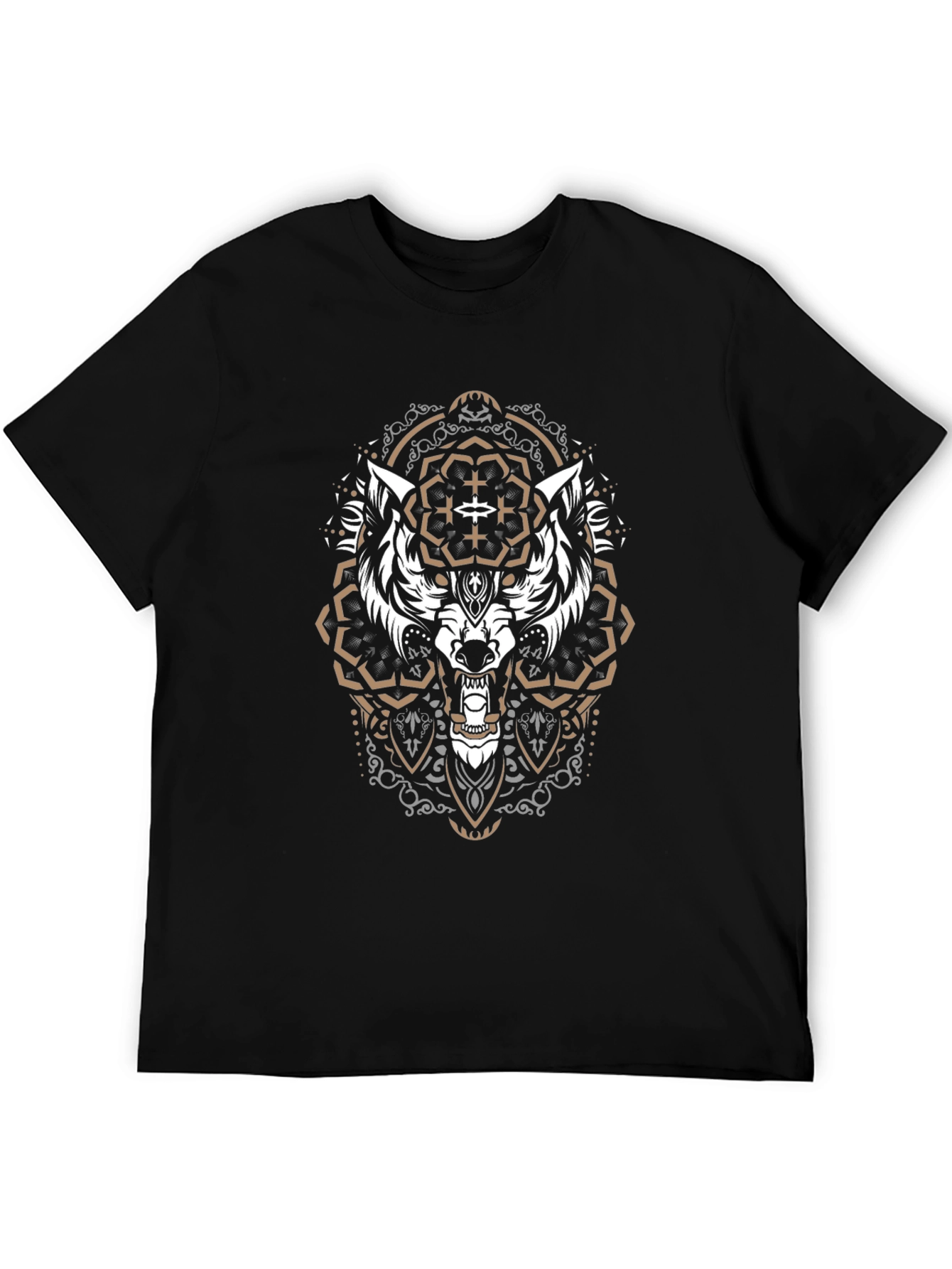 Black Wolf Mandala Graphic Tee - Black Cotton Shirt view 5