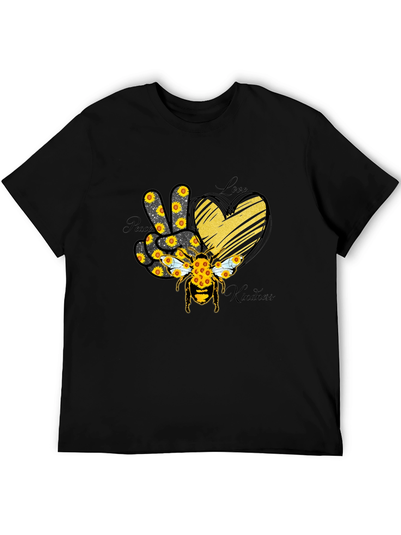 Black Peace Love Kindness Sunflower Bee T-Shirt view 5