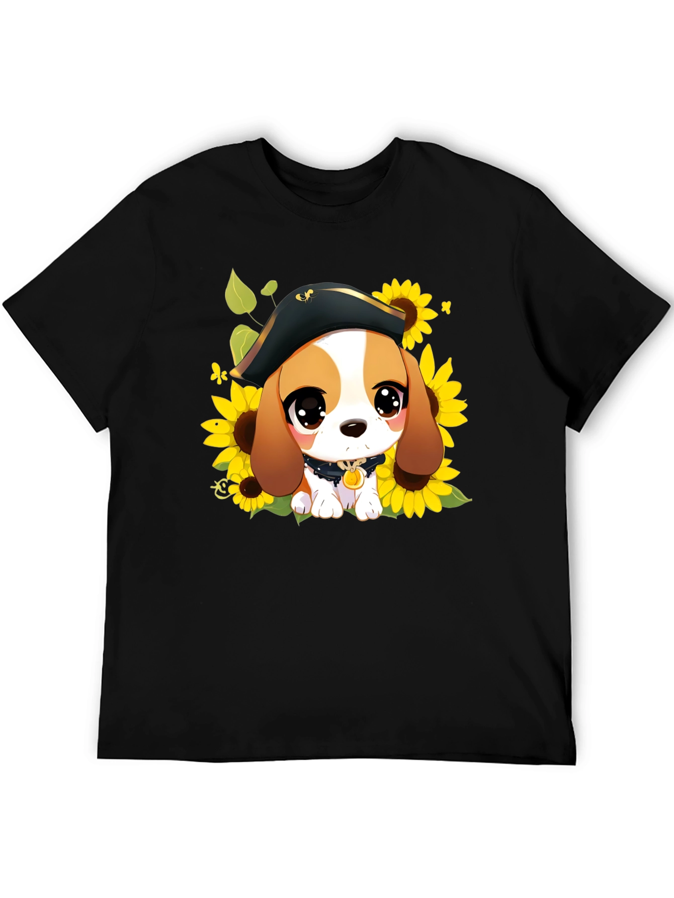 Black Cute Cartoon Beagle in Pirate Hat T-Shirt view 5