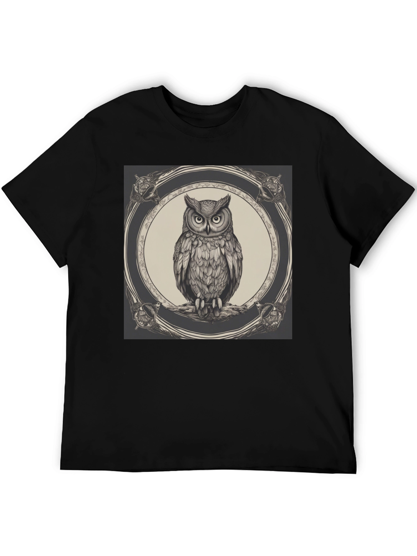 Black Owl Graphic Print Black Crew Neck T-Shirt view 5