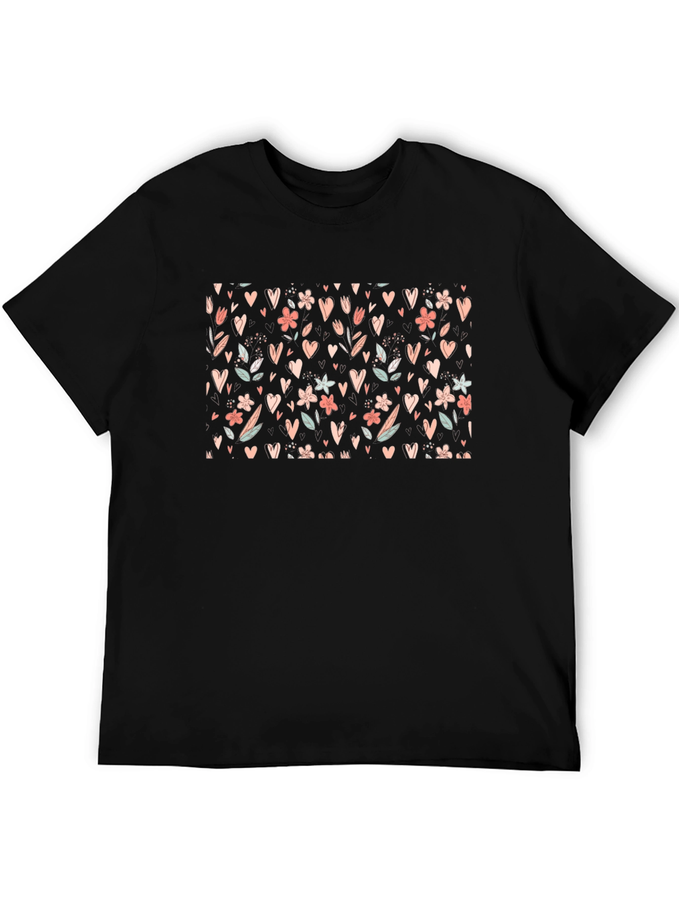 Black Floral Heart Pattern Black T-Shirt view 5