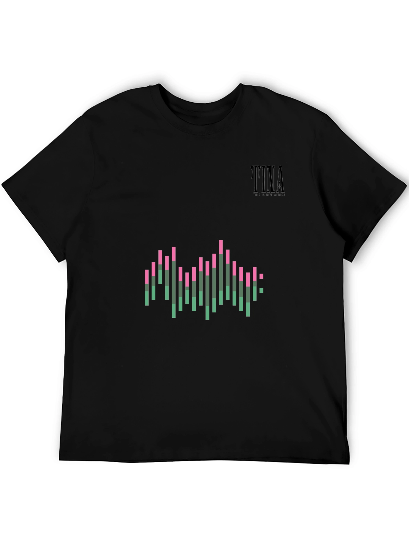 Black Stylish Black Graphic Tee: Pink & Green Wave Design view 5
