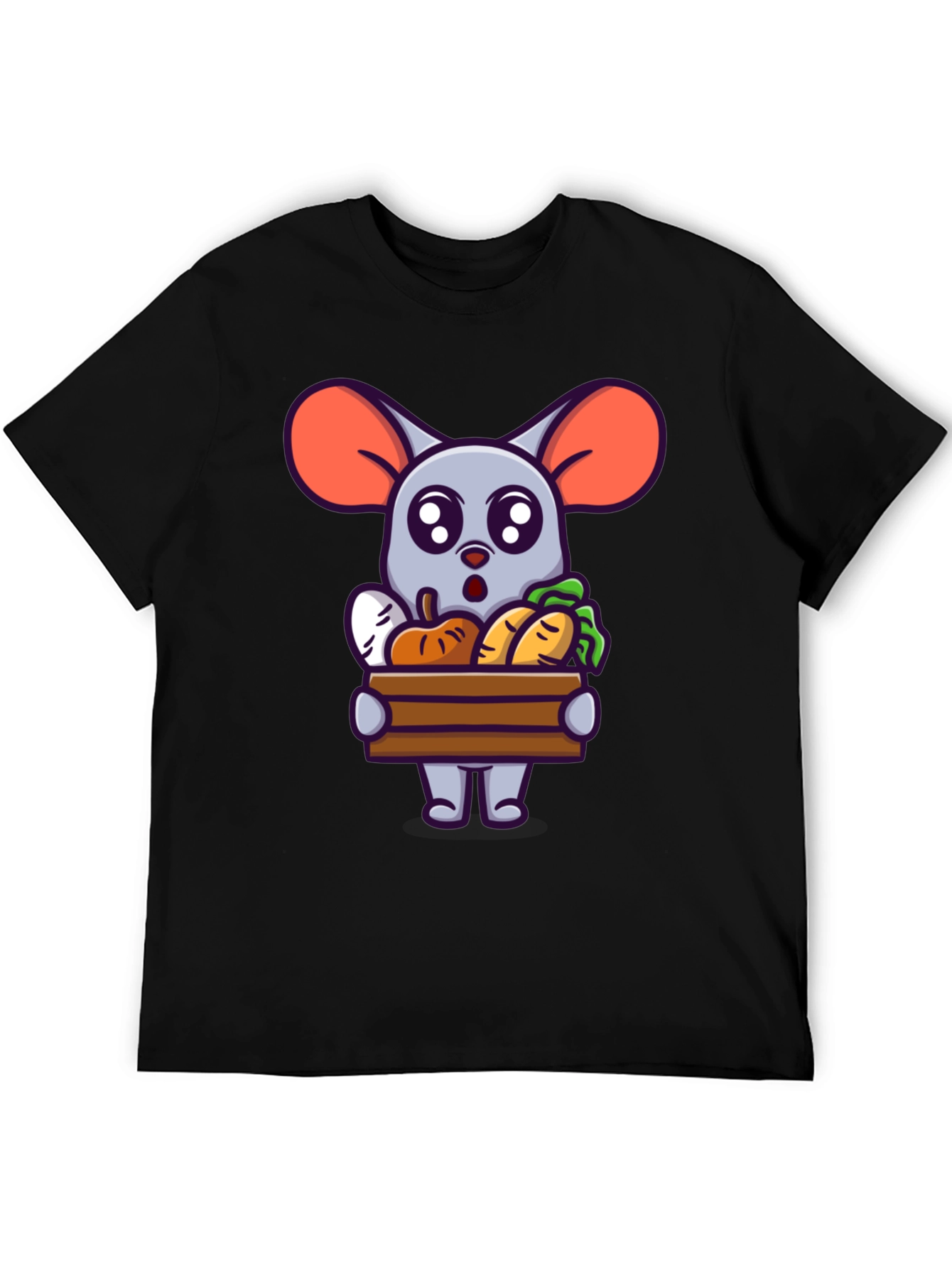 Black Cute Cartoon Mouse with Veggies T-Shirt view 5