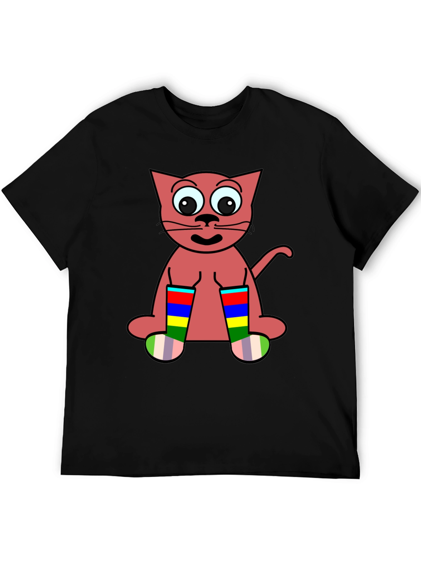 Black Cartoon Cat Rainbow Socks Black T-Shirt view 5