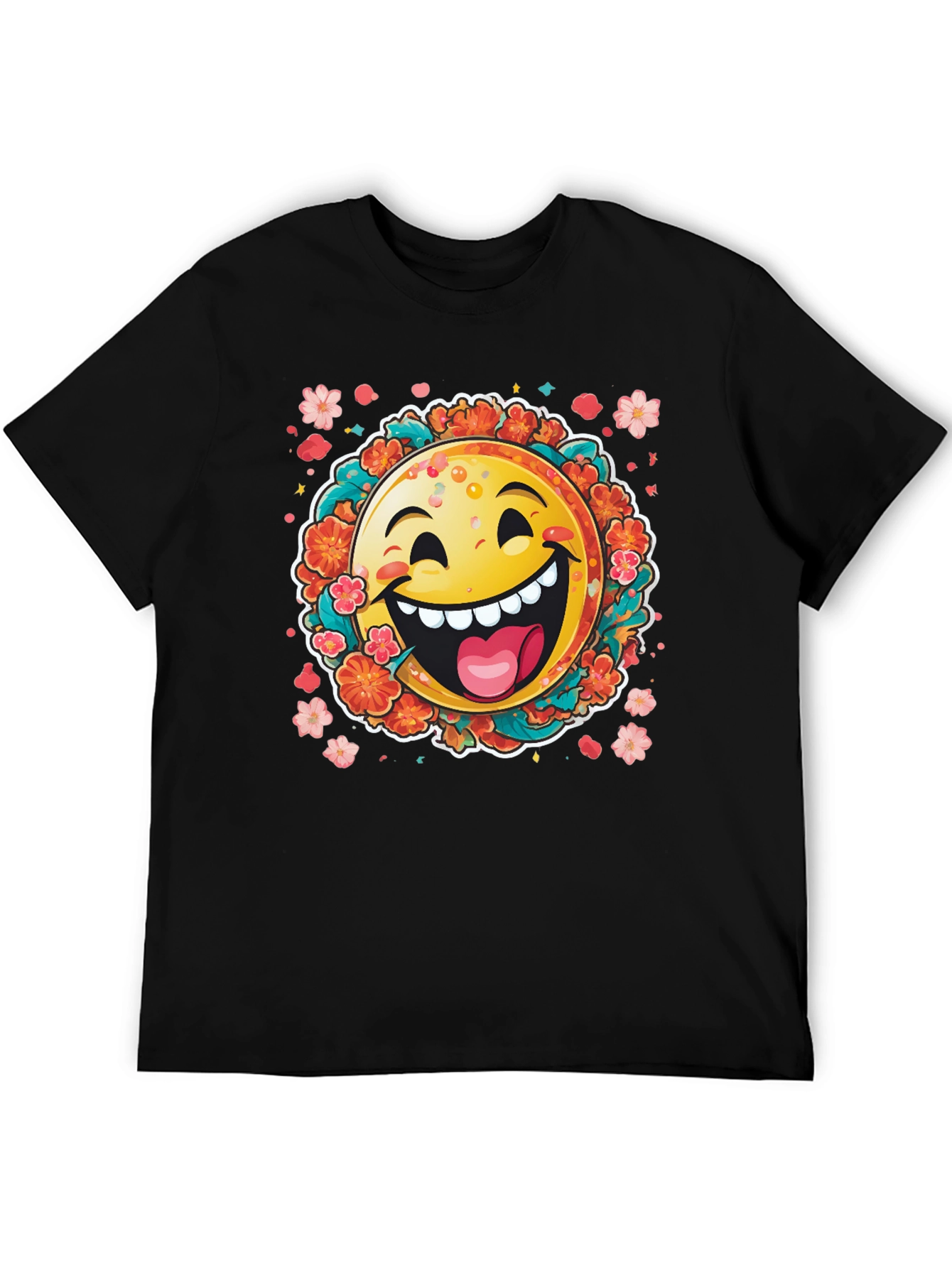 Black Happy Emoji Graphic T-Shirt - Fun Floral Design view 5