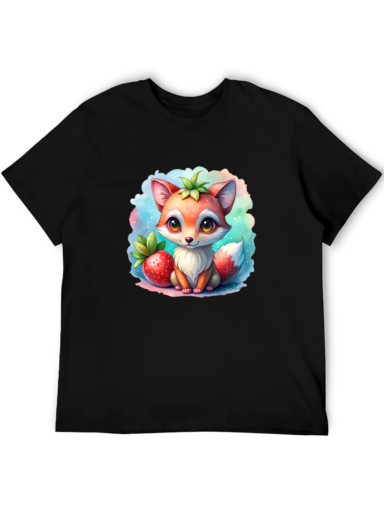 Black Cute Cartoon Fox Strawberry T-Shirt view 5