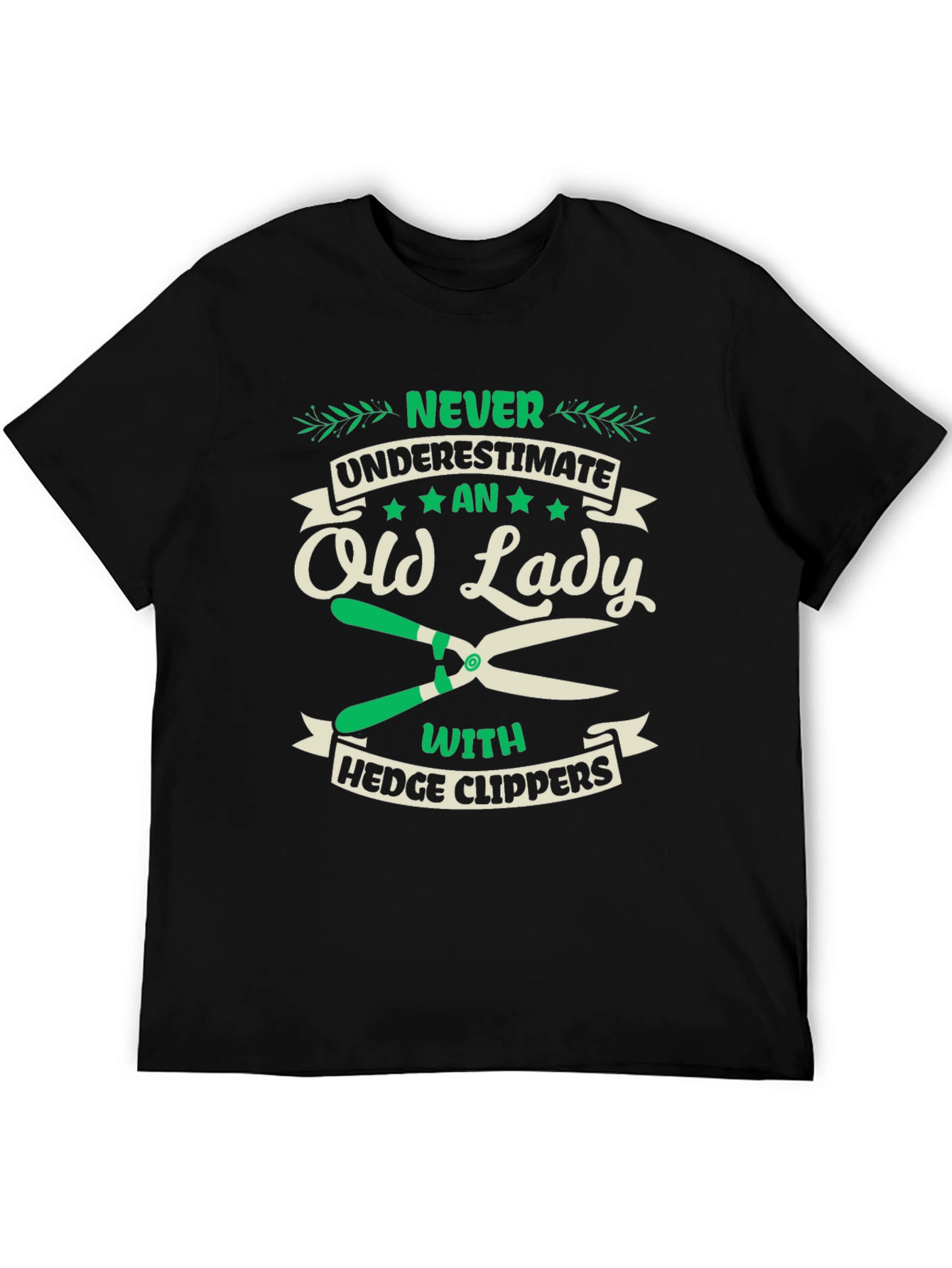 Black Funny Old Lady Hedge Clippers T-Shirt view 5