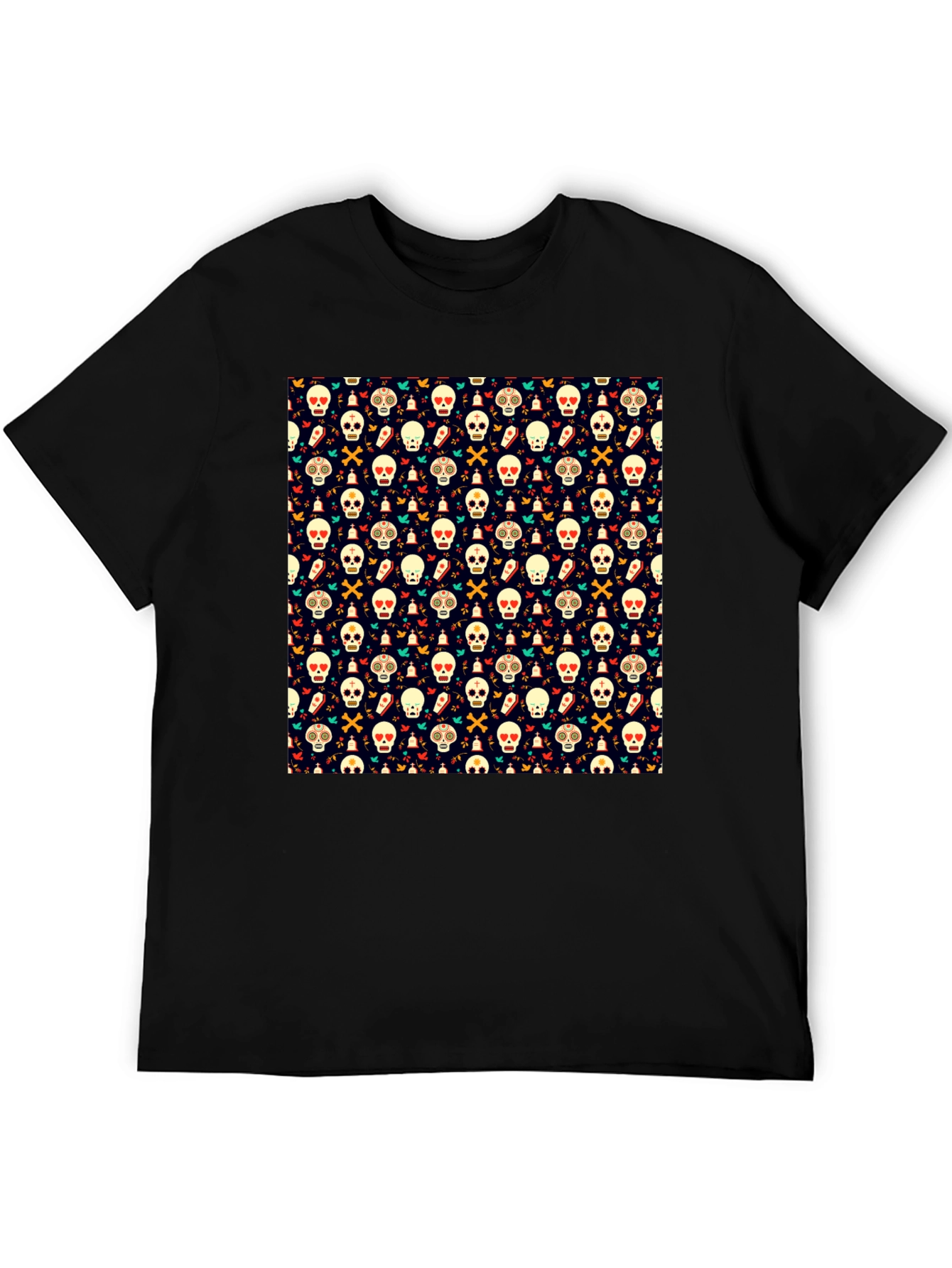 Black Day of the Dead Skull Pattern Black T-Shirt view 5