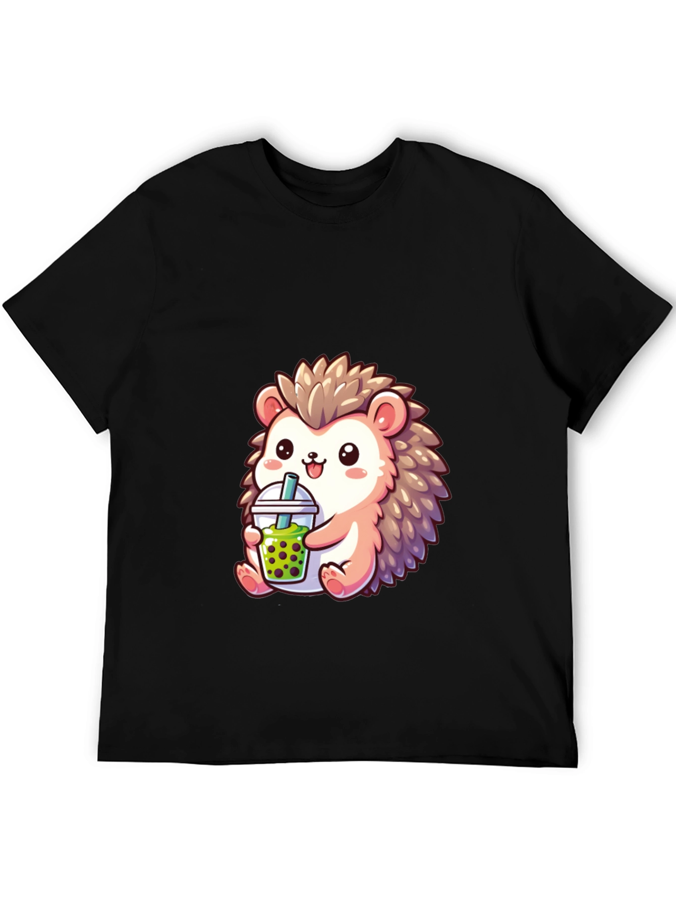 Black Cute Hedgehog Boba Tea Graphic Tee view 5