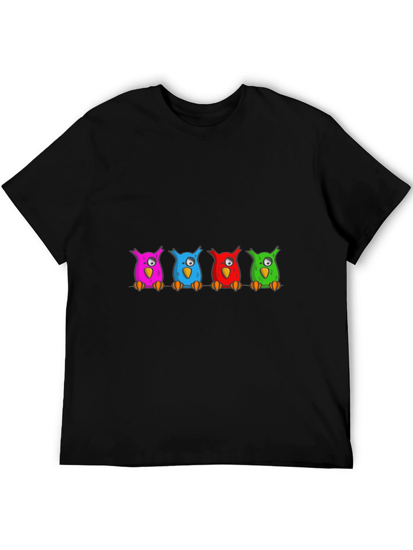 Black Colorful Cartoon Owls on a Branch T-Shirt view 5