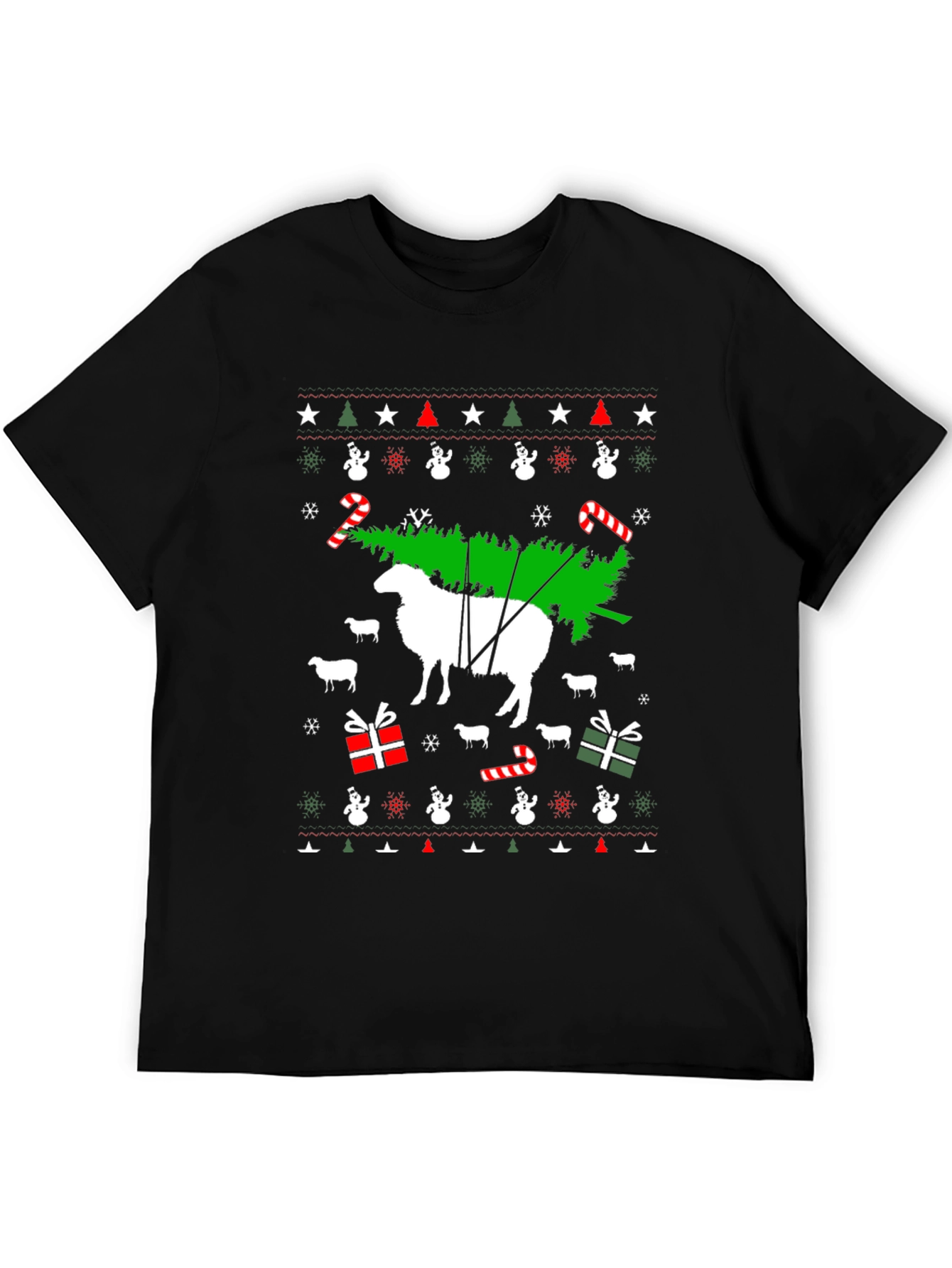 Black Funny Sheep Christmas Tree T-Shirt view 5