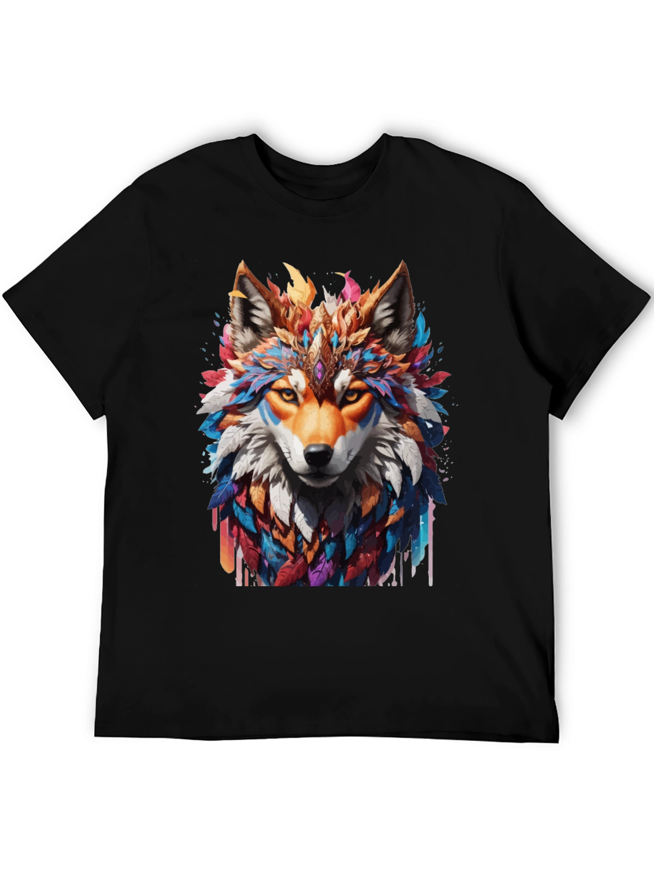 Black Colorful Wolf Graphic T-Shirt view 5
