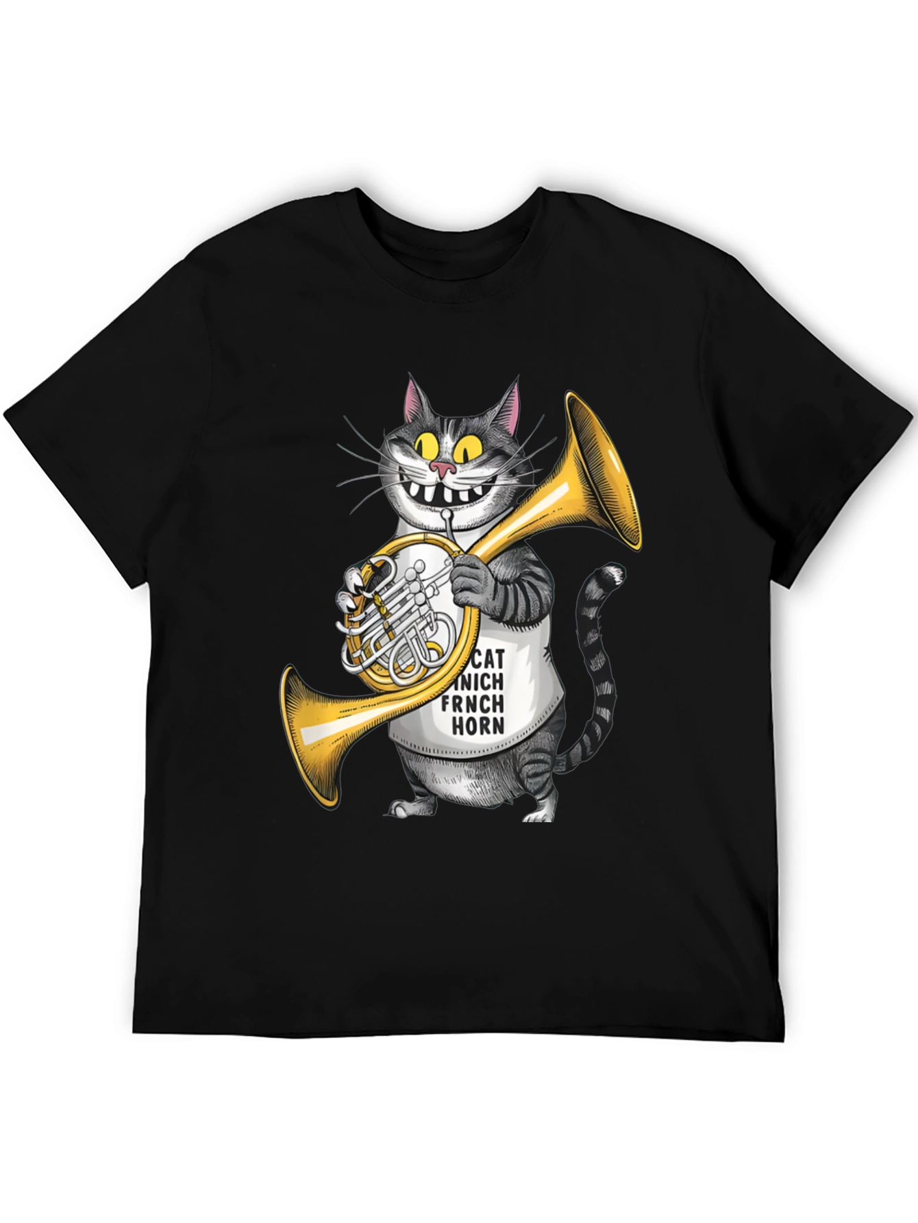 Black Funny Cat French Horn Player T-Shirt view 5
