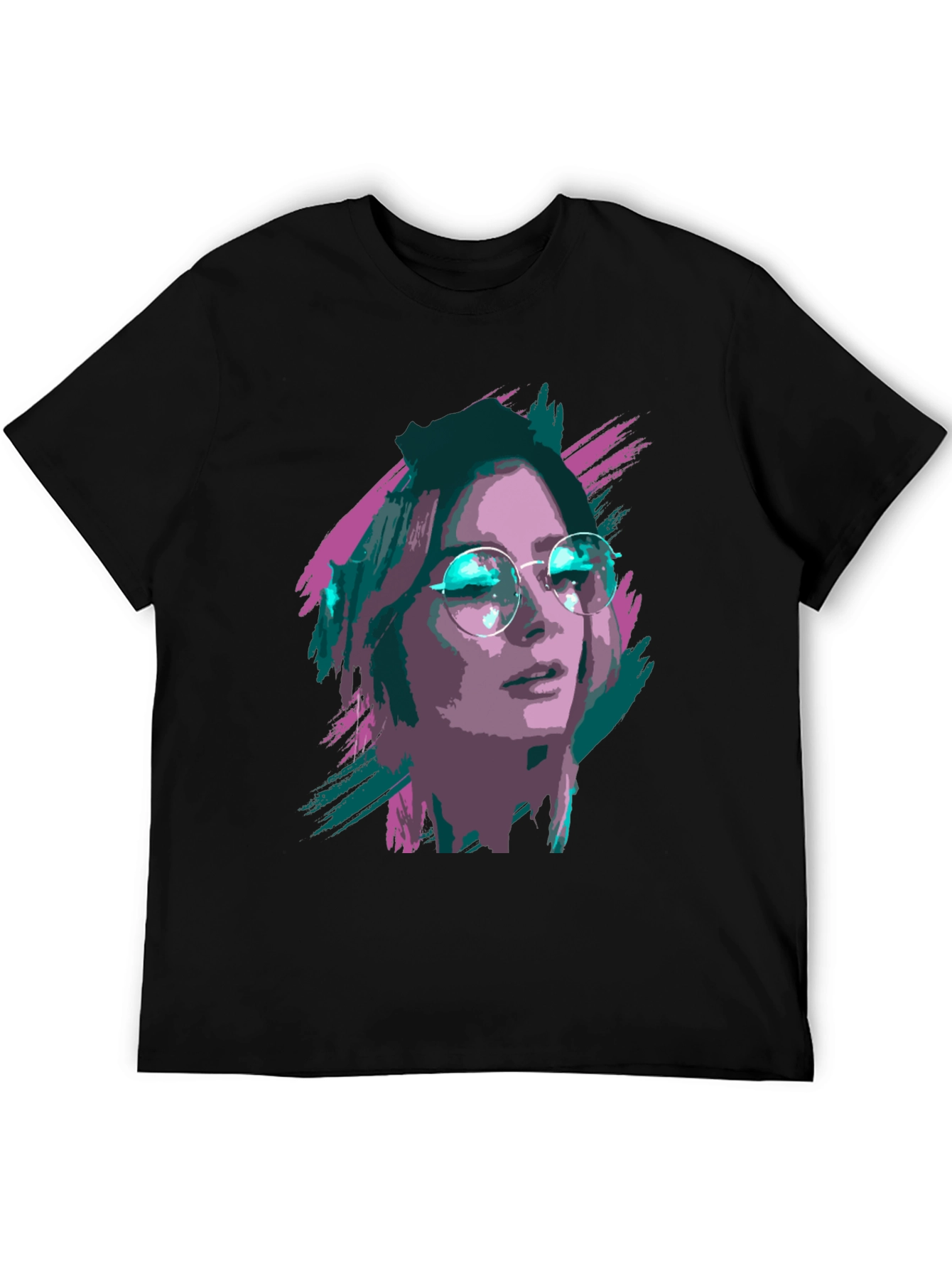 Black Stylish Graphic T-Shirt - Woman with Glasses Print view 5