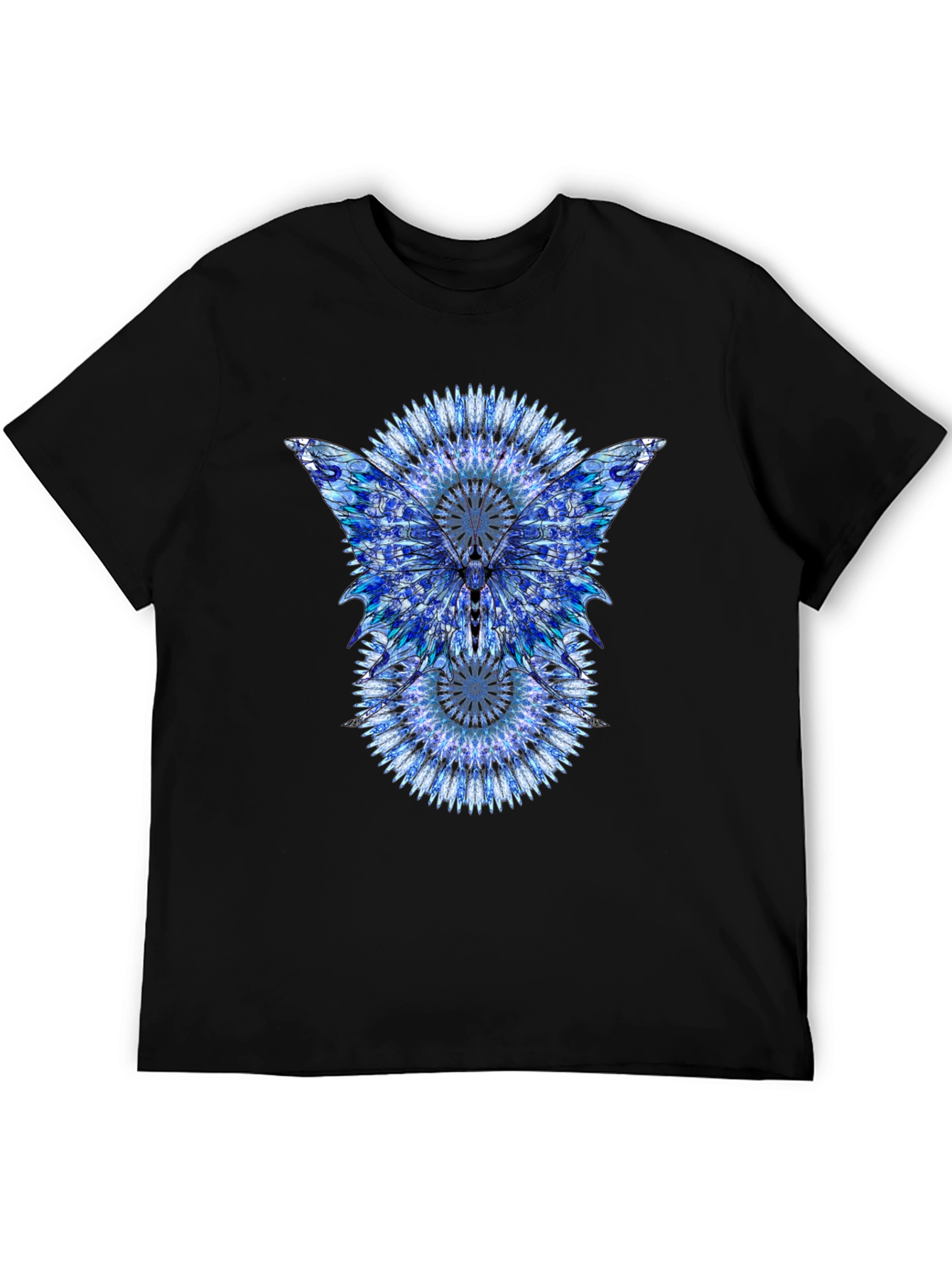 Black Blue Mandala Butterfly Graphic Print Black T-Shirt view 5