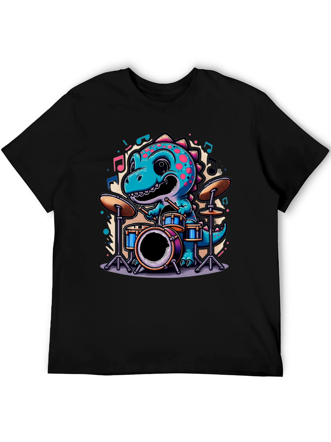Black Dino Drummer Tee - Cute Cartoon Dinosaur T-Shirt view 5