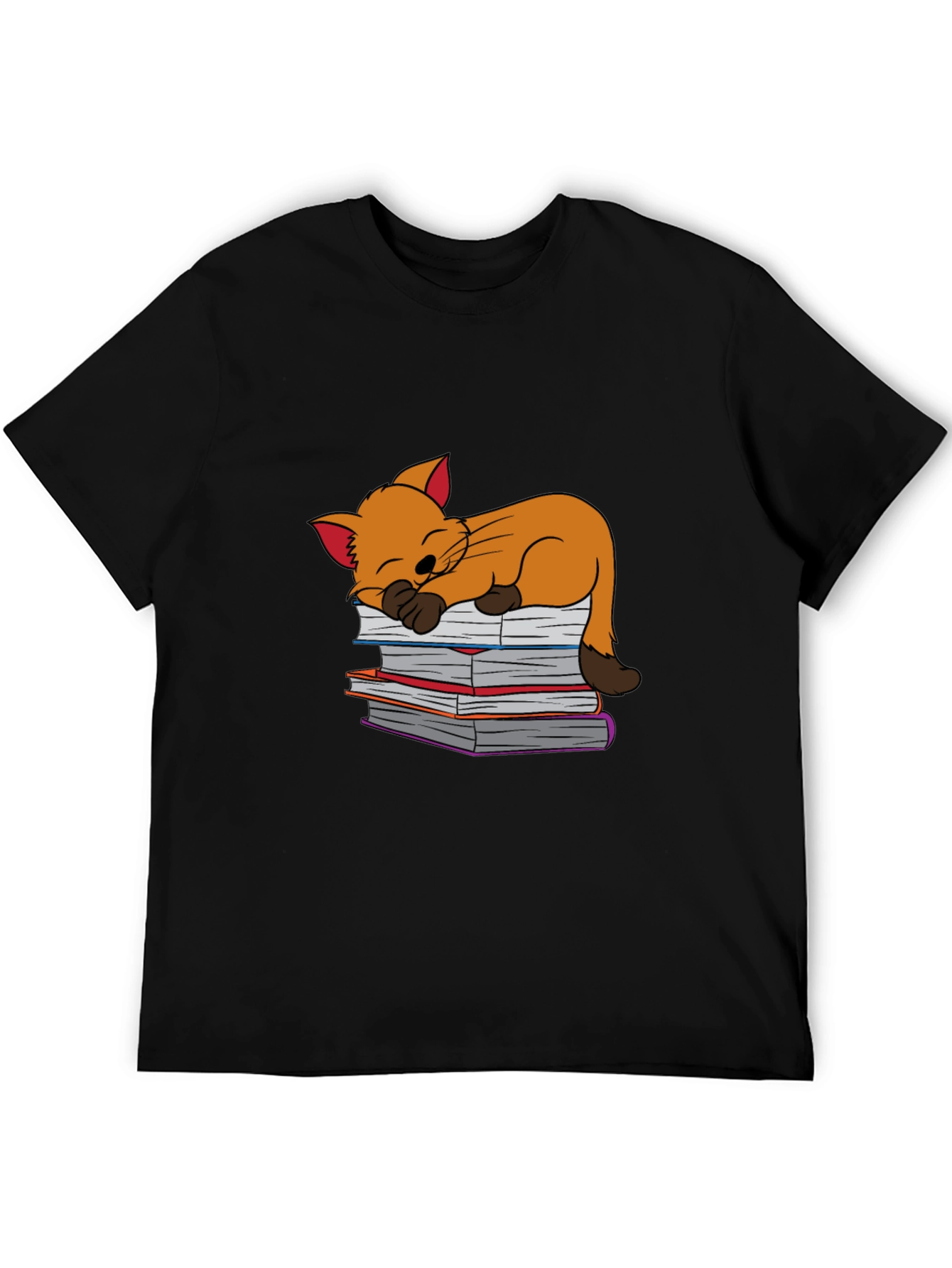 Black Cute Cat Sleeping on Books T-Shirt - Black view 5