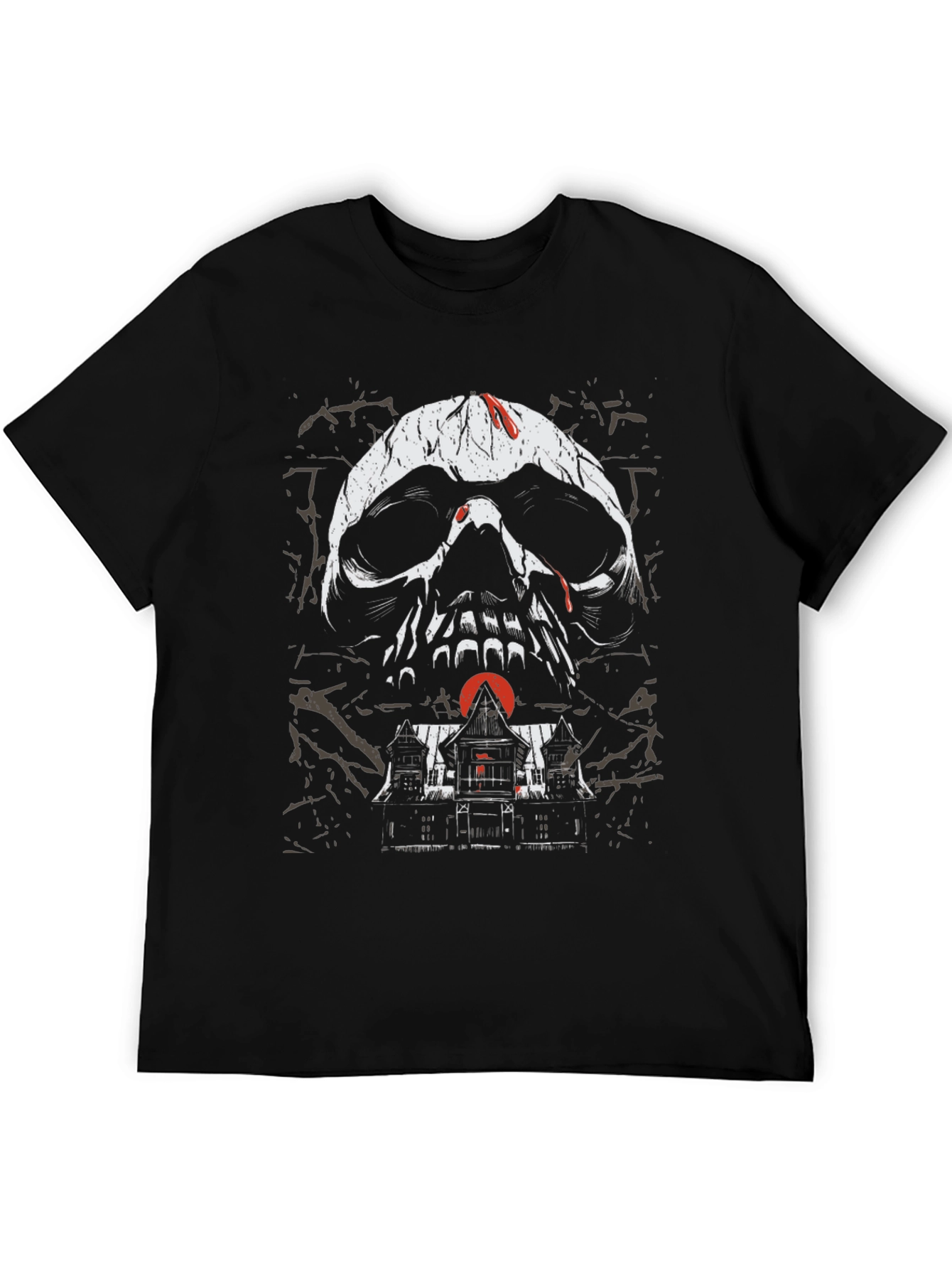 Skull & Haunted House Graphic Tee - Gothic Black T-Shirt - 5