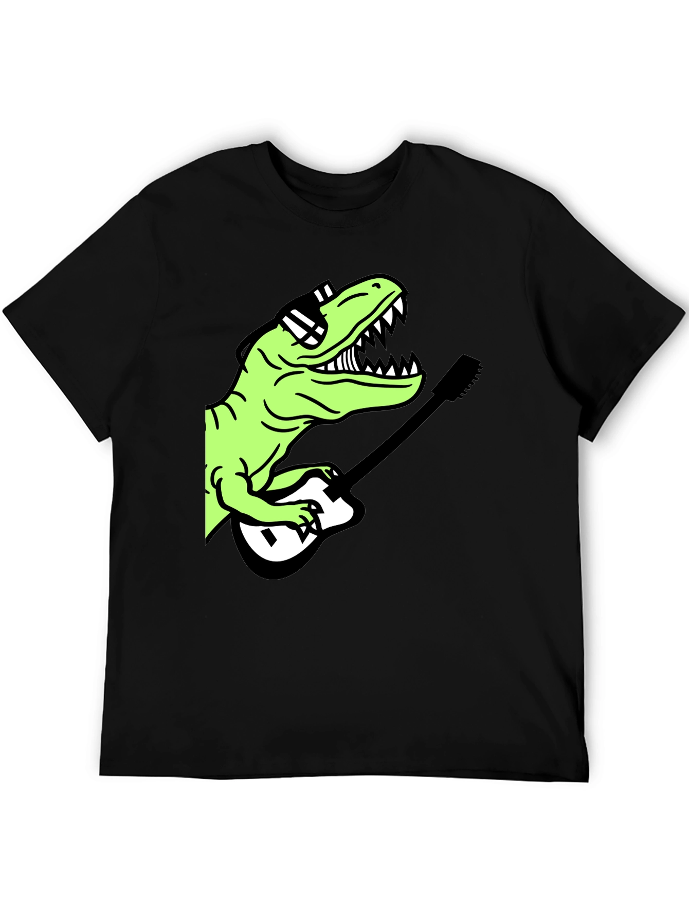 Black Cool Dinosaur Guitar Player Graphic T-Shirt view 5