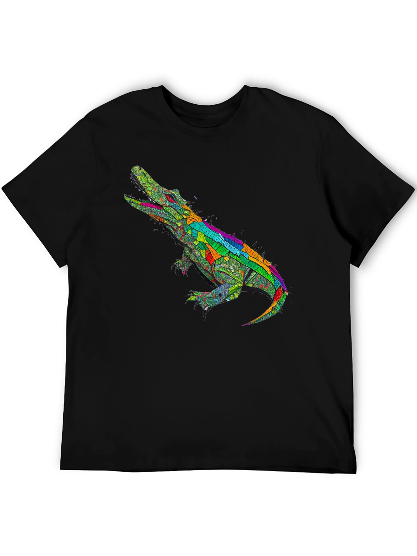 Black Colorful Crocodile Graphic Tee - Black Cotton T-Shirt view 5