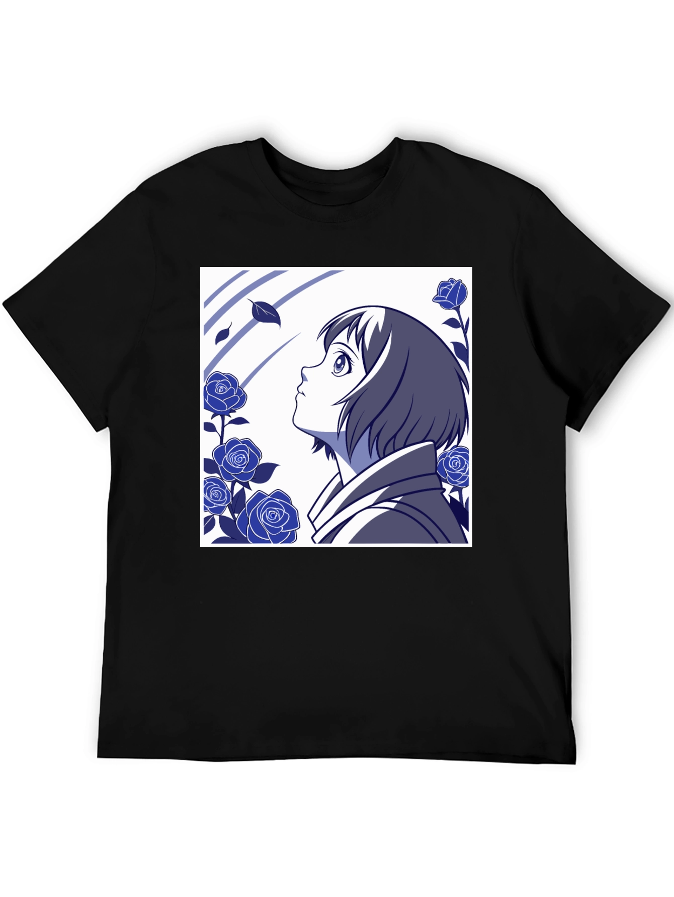 Black Anime Girl & Roses Graphic Tee - Stylish Black T-Shirt view 5
