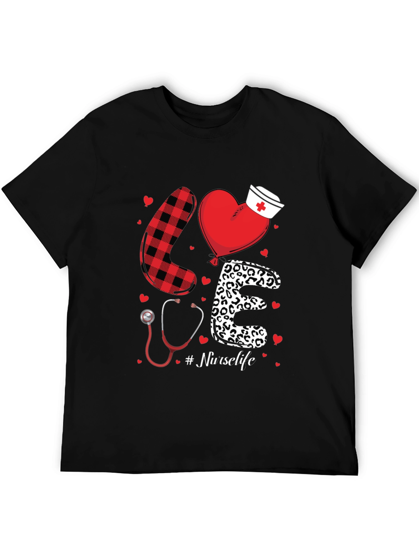 Black Nurse Life Love Graphic T-Shirt - Heart, Stethoscope, Pattern Design view 5