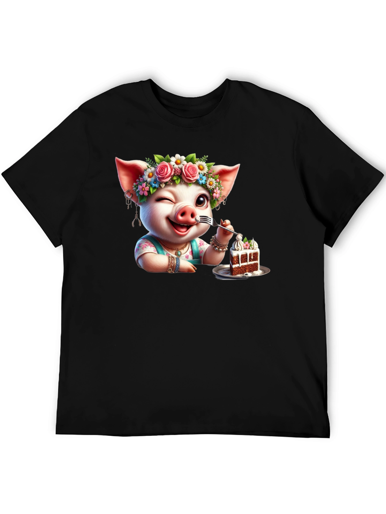Black Pig with Flowers & Cake T-Shirt - Unisex view 5