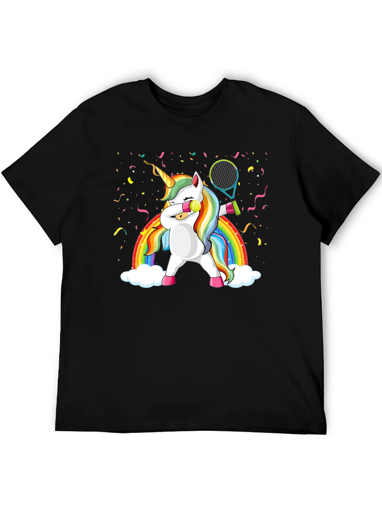 Black Dabbing Unicorn Tennis Rainbow Graphic T-Shirt view 5