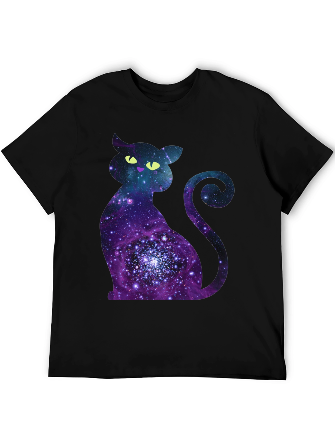 Black Galaxy Cat Graphic Print Crew Neck T-Shirt view 5