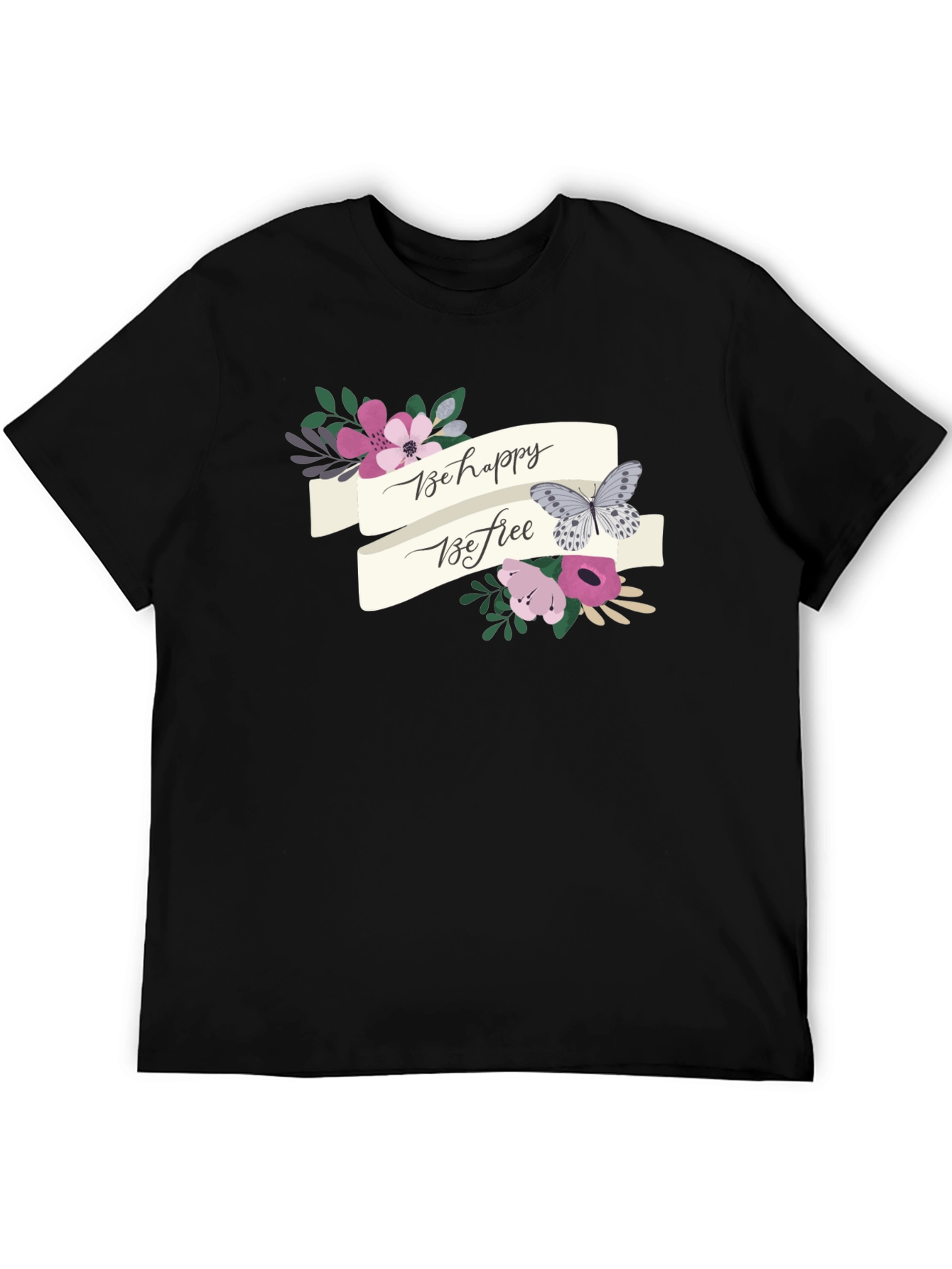 Black Be Happy Be Free Floral Butterfly Graphic Tee view 5