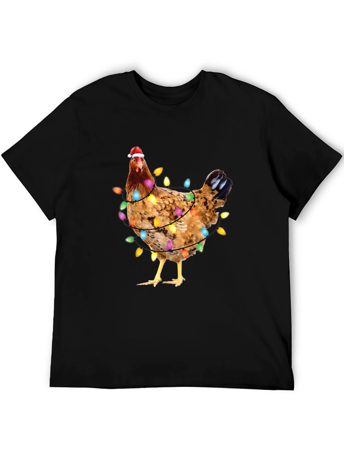 Black Festive Chicken Christmas Lights Graphic Tee view 5