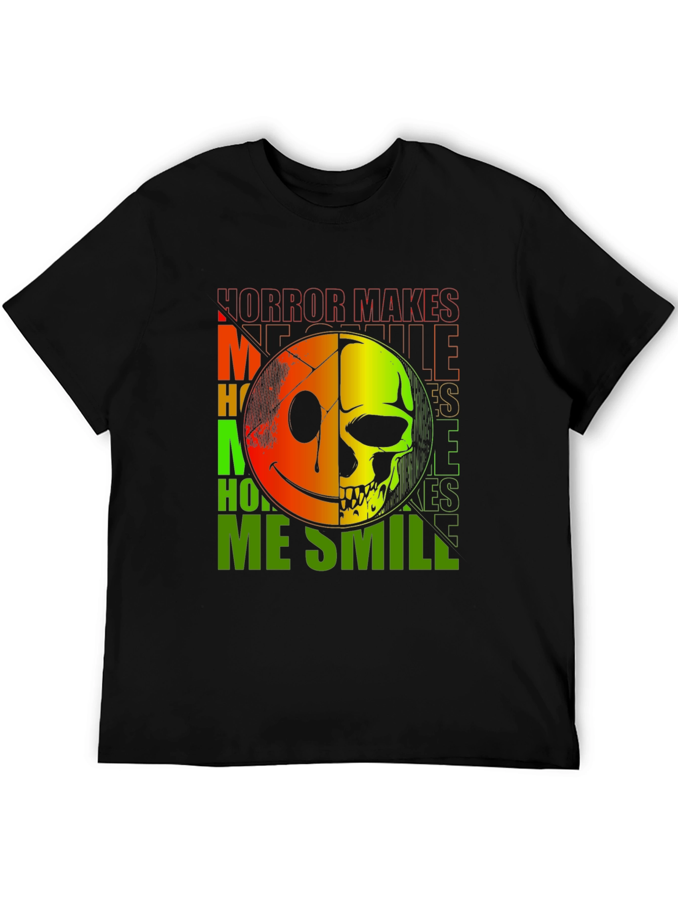 Black Horror Makes Me Smile T-Shirt - Half Smile, Half Skull view 5