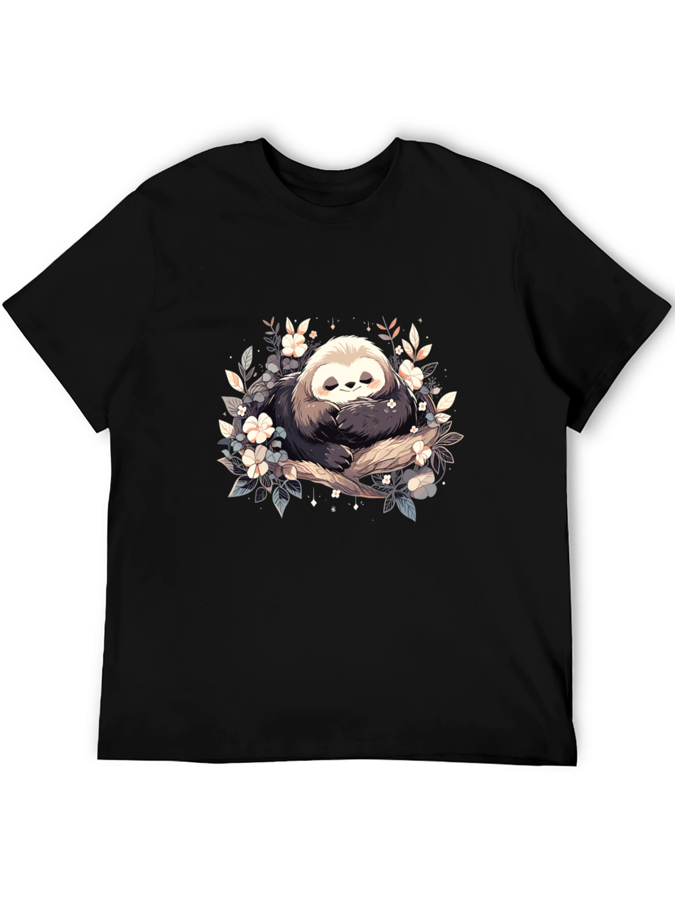 Black Cute Sloth with Flowers Graphic T-Shirt view 5