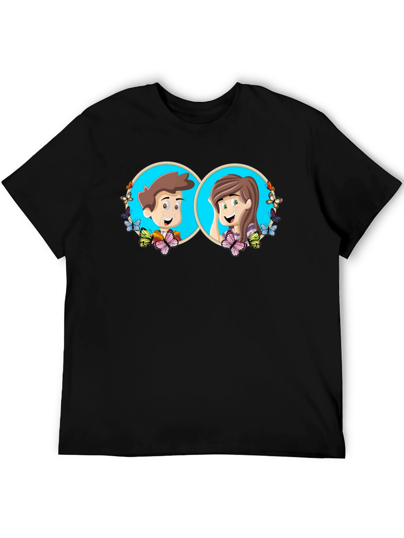 Black Cartoon Couple Graphic Tee - Quirky Black T-Shirt view 5