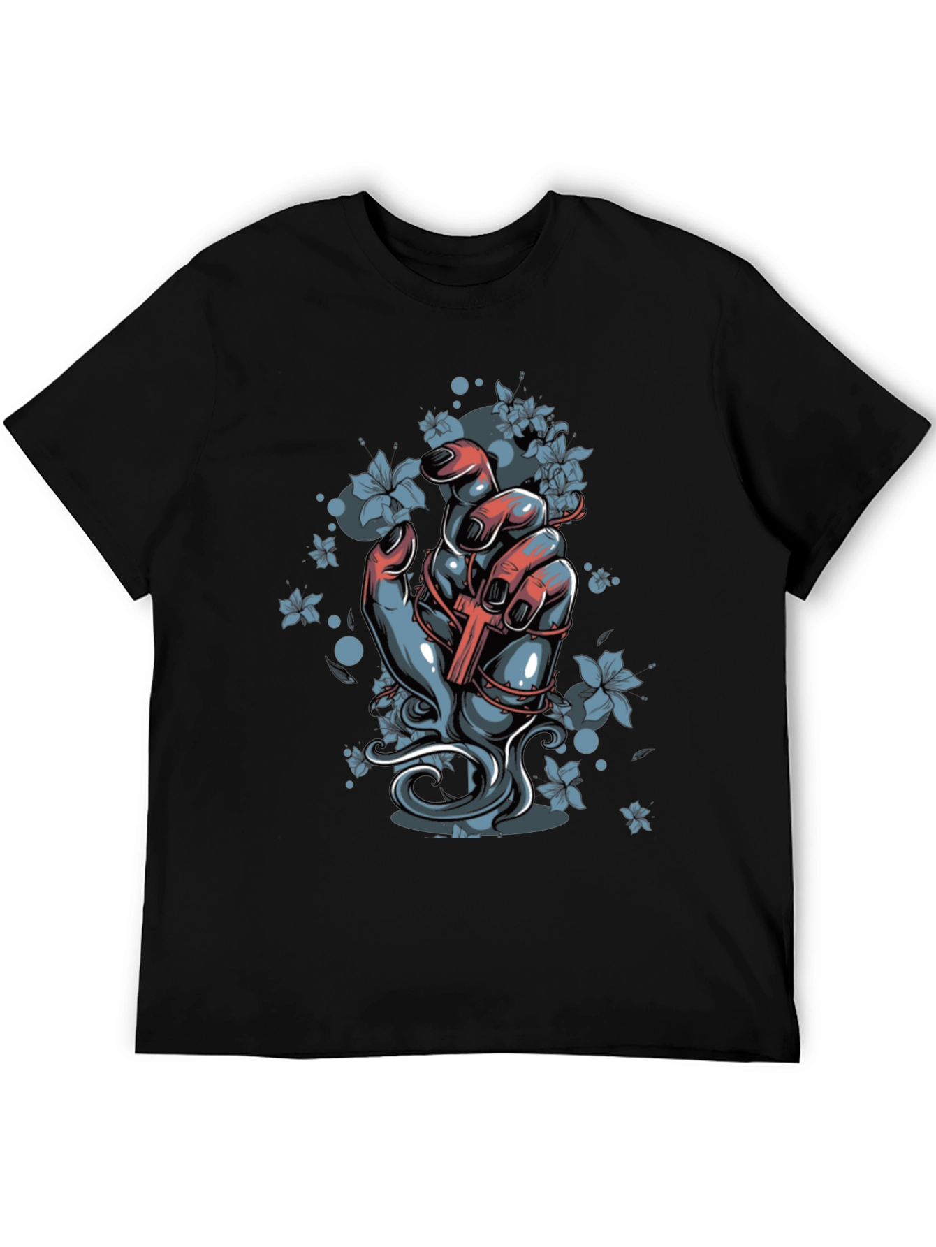 Floral Cross Graphic Black T-Shirt - 5