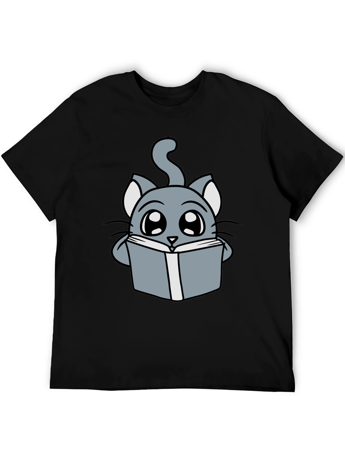 Black Cute Cartoon Cat Reading T-Shirt view 5