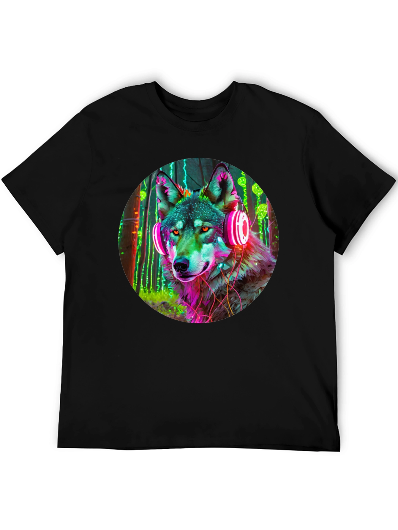 Black Neon Wolf Headphones Graphic Tee view 5