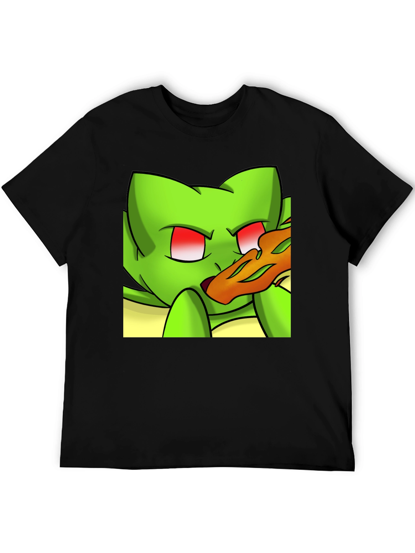Black Cartoon Green Cat Pizza Graphic Black Tee view 5