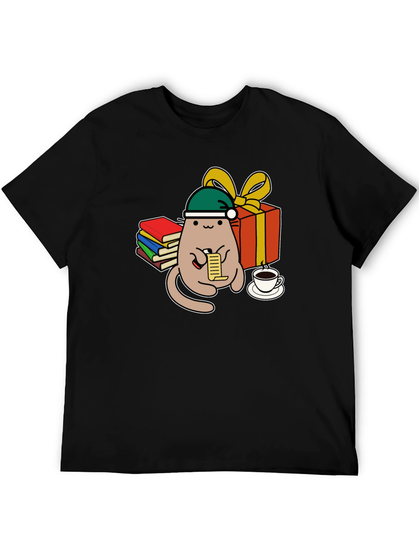 Black Festive Cat Reading Christmas List T-Shirt view 5