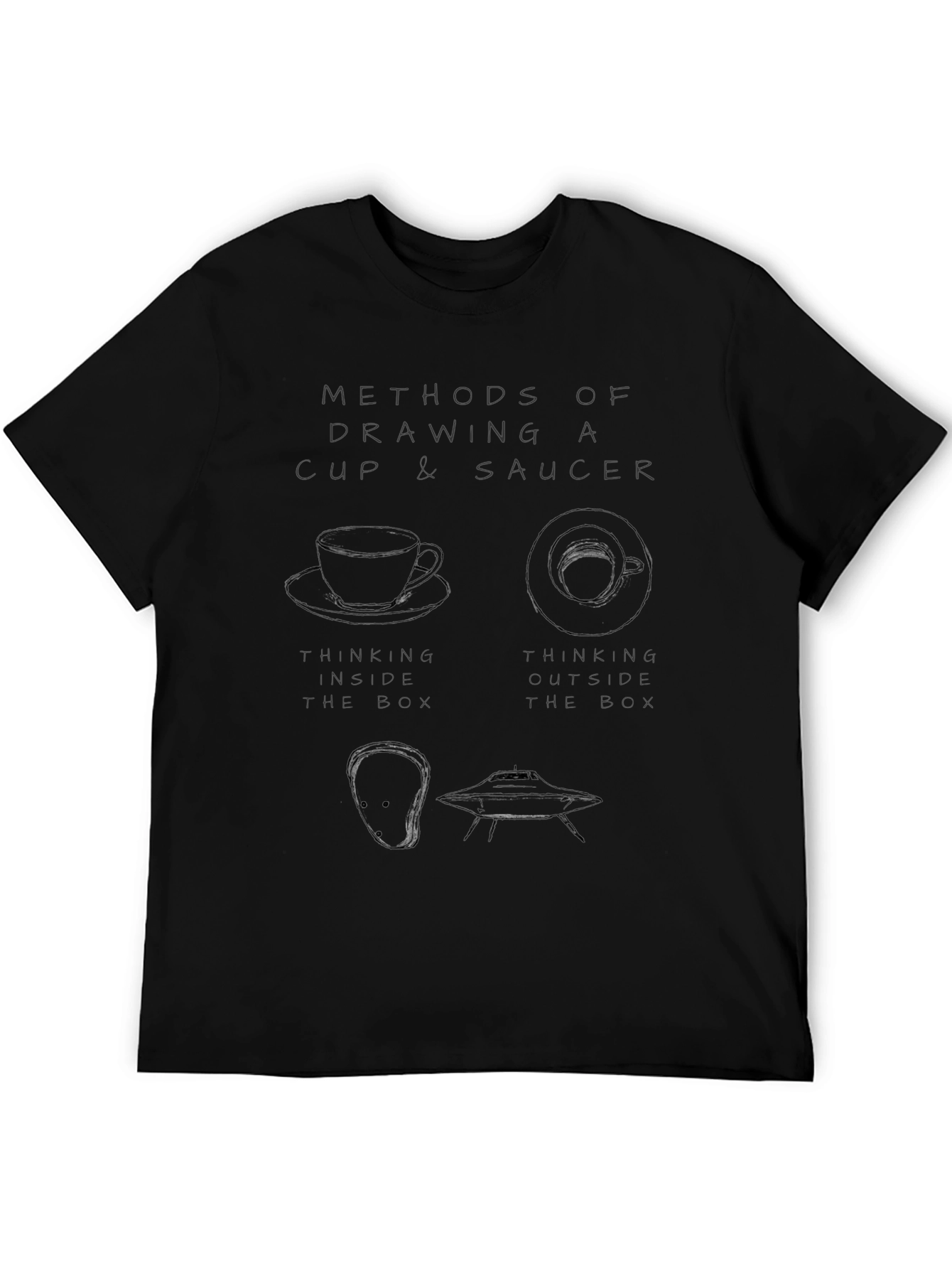 Black Methods of Drawing Cup & Saucer Black T-Shirt view 5