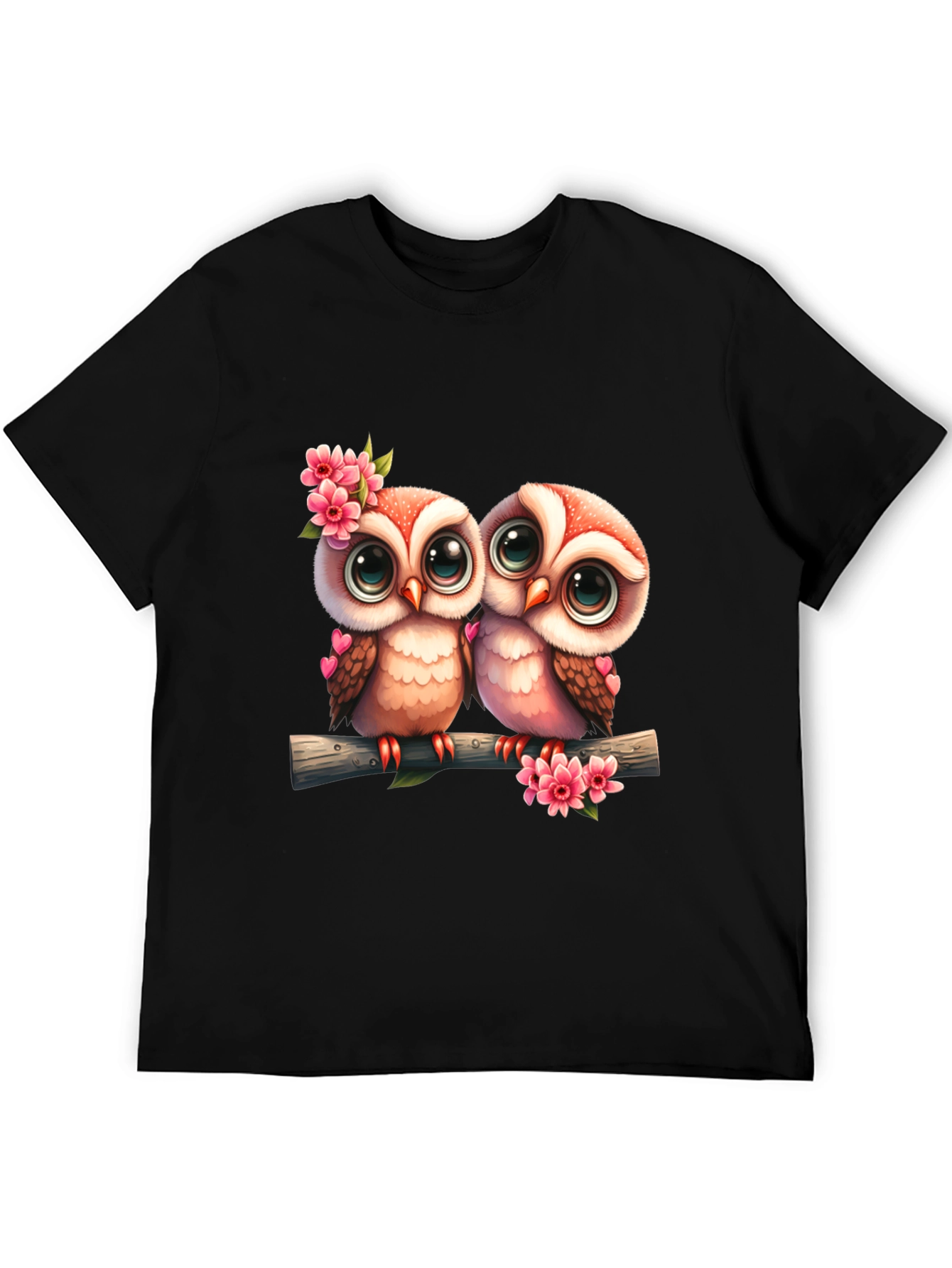 Black Owl Love Tee: Cute Cartoon Owls on Branch T-Shirt view 5