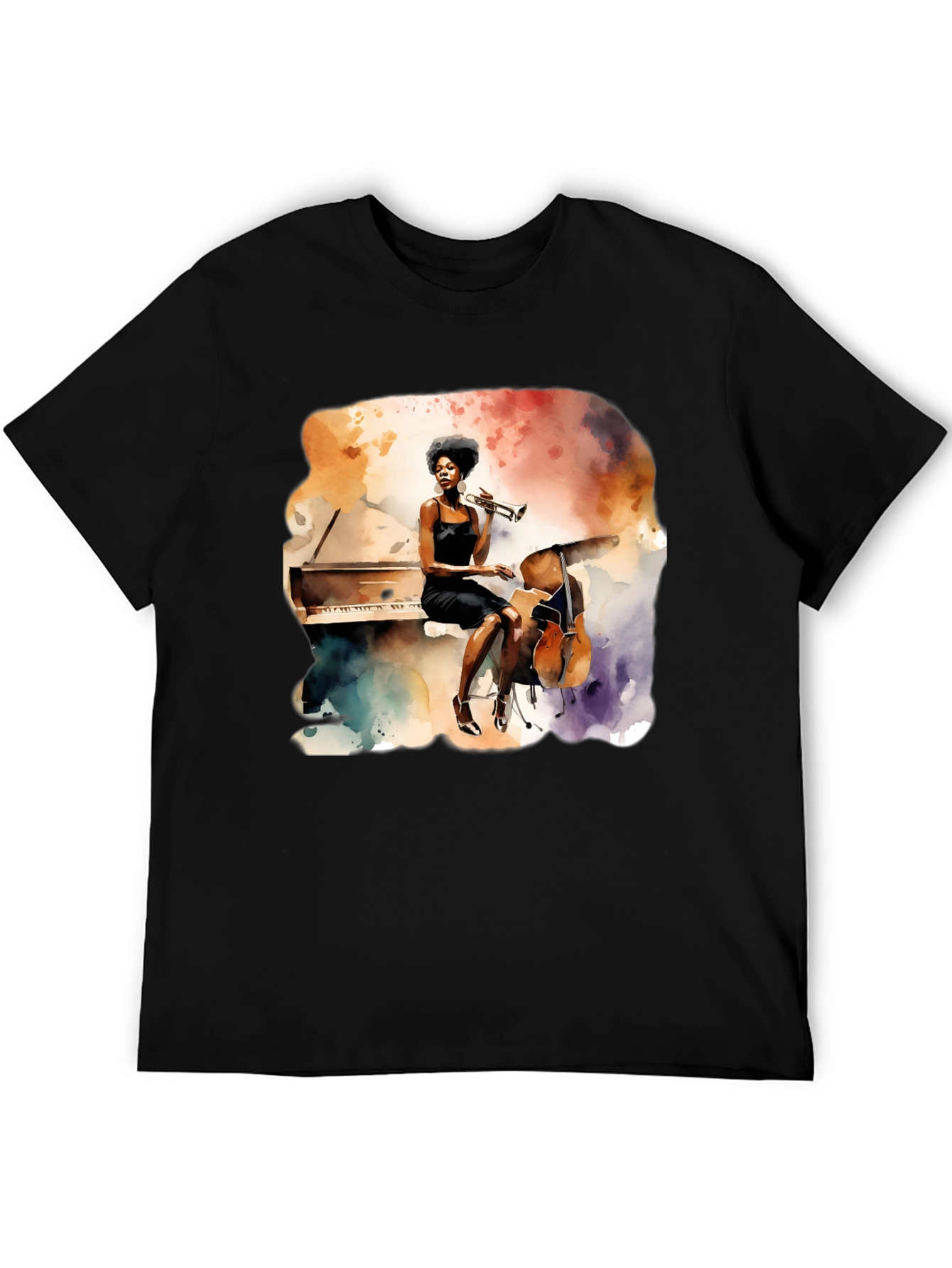 Black Watercolor Jazz Musician Unisex Tee view 5