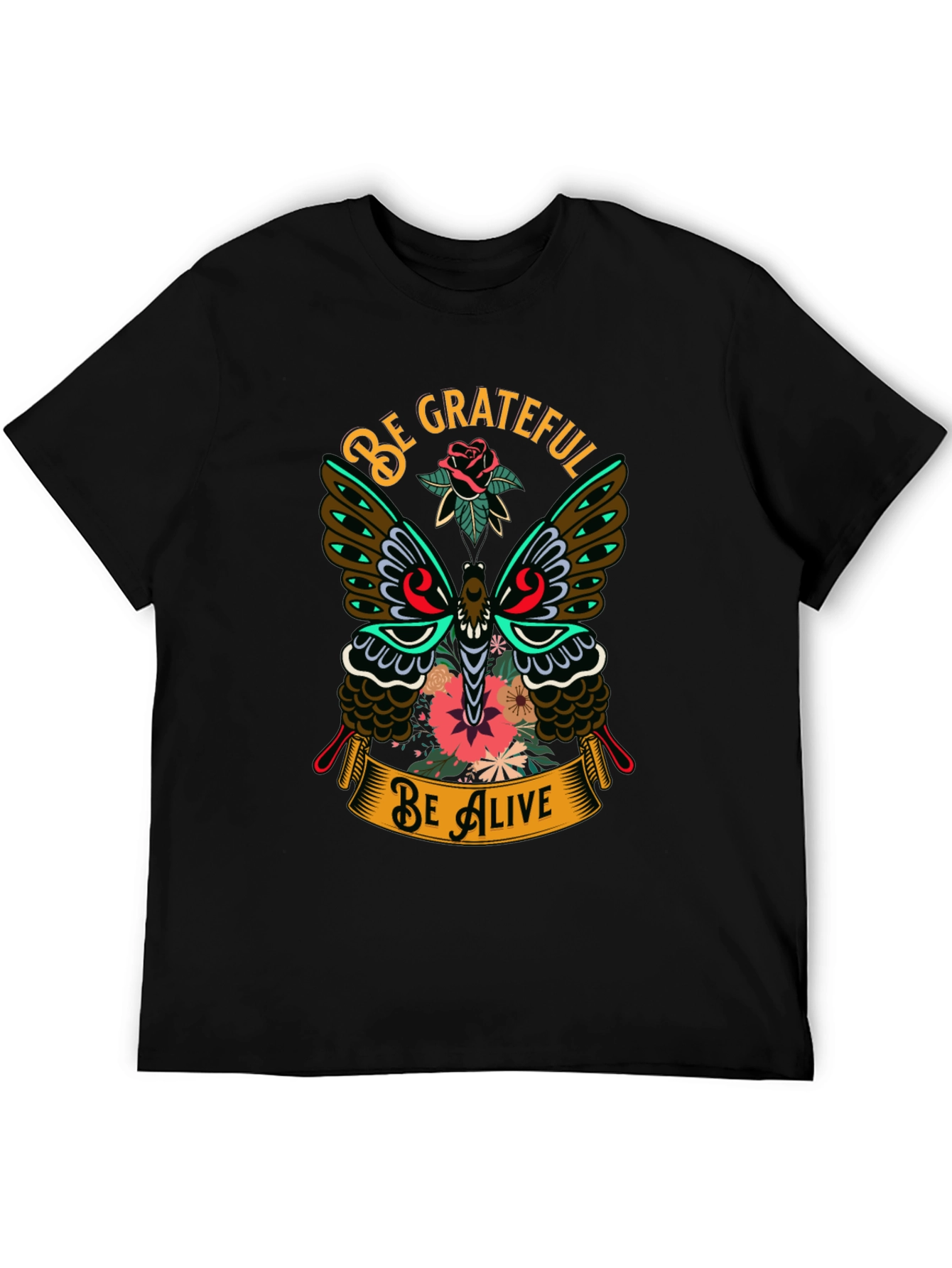 Black Be Grateful Be Alive Butterfly Graphic T-Shirt view 5