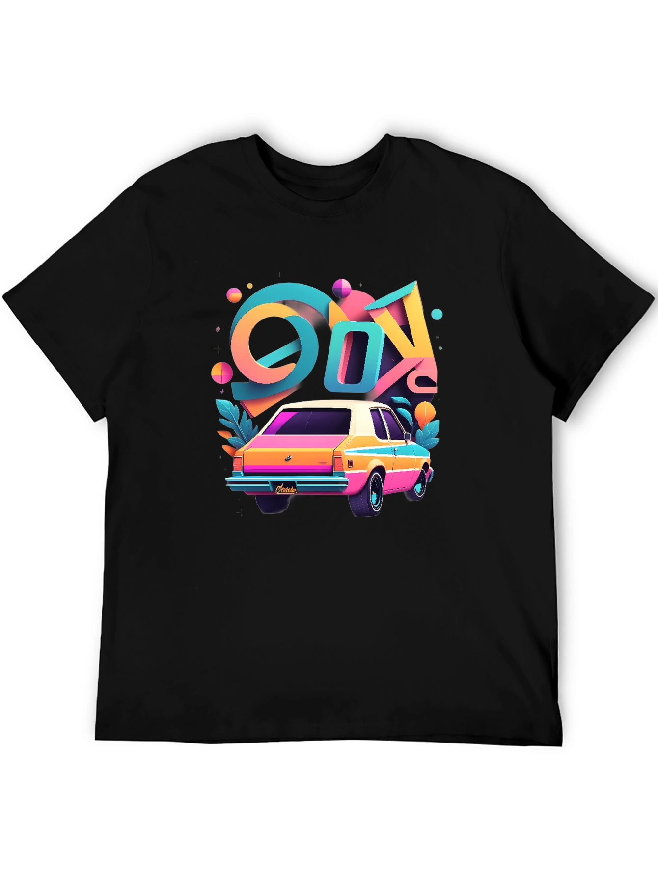 Black Retro 80s Car T-Shirt - Colorful Design view 5
