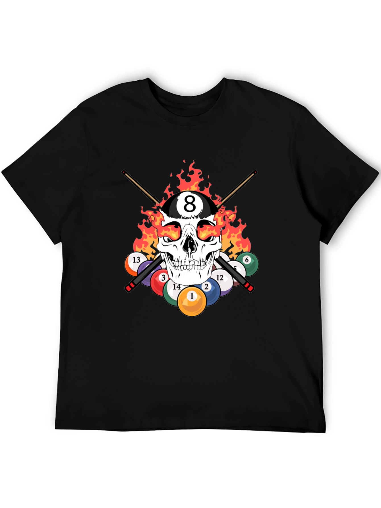 Black Skull 8 Ball Flames T-Shirt - Billiards Graphic Tee view 5