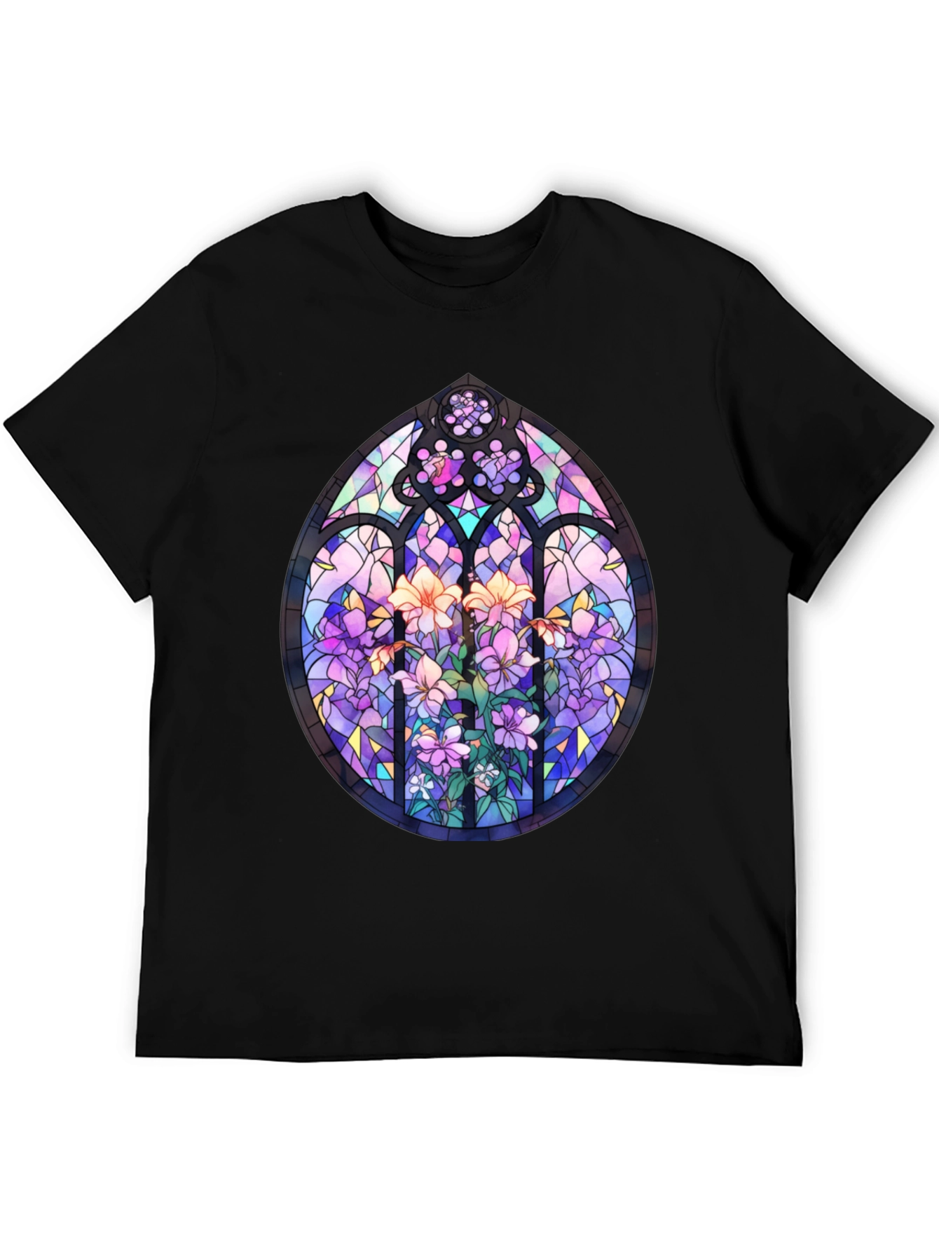 Black Stained Glass Floral T-Shirt - Artistic Men's Tee view 5
