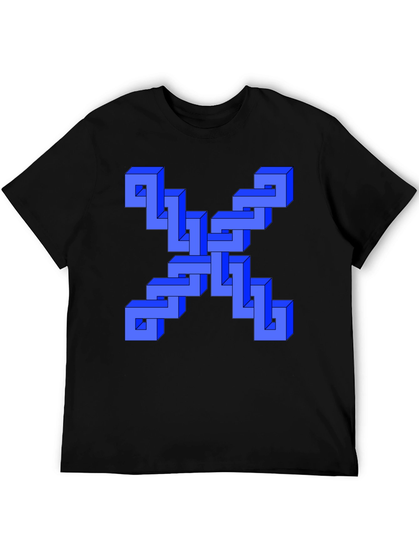 Black Optical Illusion Blue Cube Design Black T-Shirt view 5